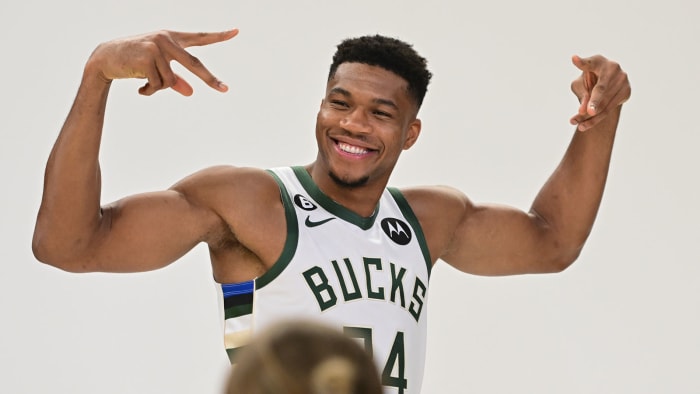 Giannis Antetokoumpo at Bucks media day